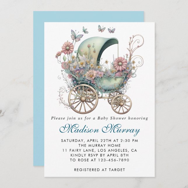 Chic Blue & Pink Floral Buggy Stroller Baby Shower Invitation (Front/Back)