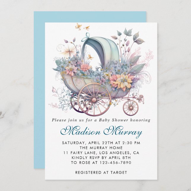 Chic Blue & Pink Floral Buggy Stroller Baby Shower Invitation (Front/Back)