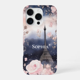 Chic Blue Pink Floral Paris Eiffel Tower iPhone 16 Pro Case
