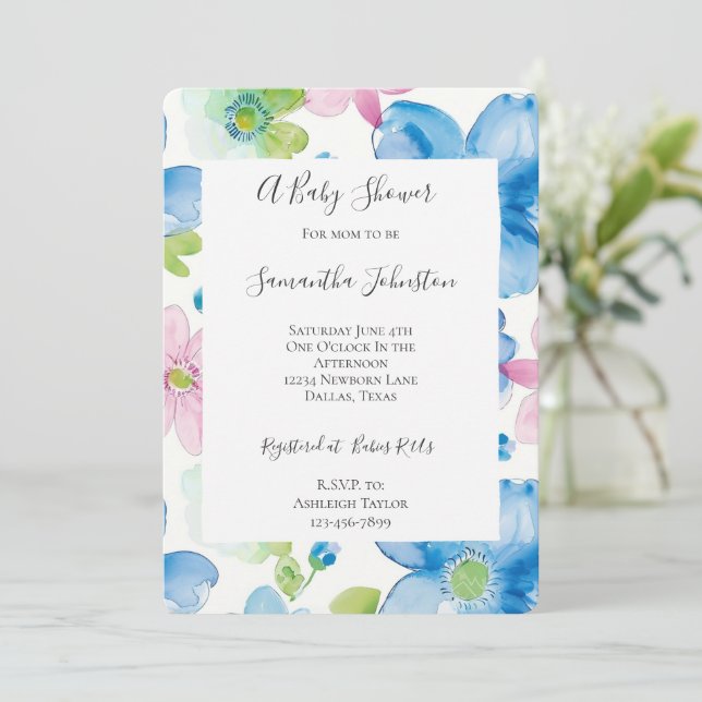 Chic Blue Pink Flowers Baby Shower Invitation (Standing Front)