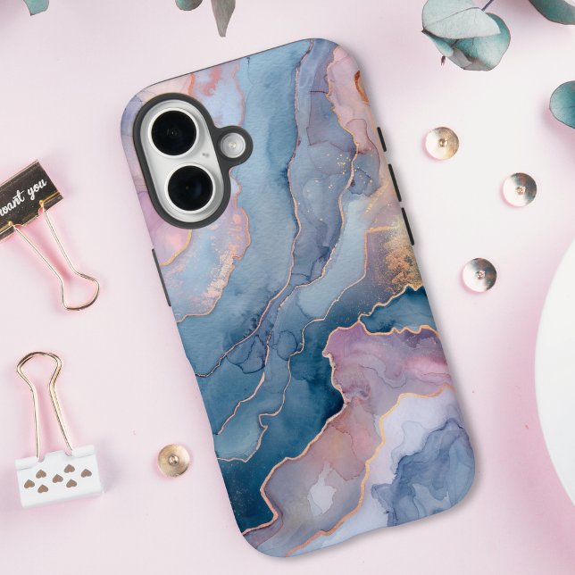Chic Blue Pink Gold Agate Marble Case-Mate iPhone Case (Creator Uploaded)