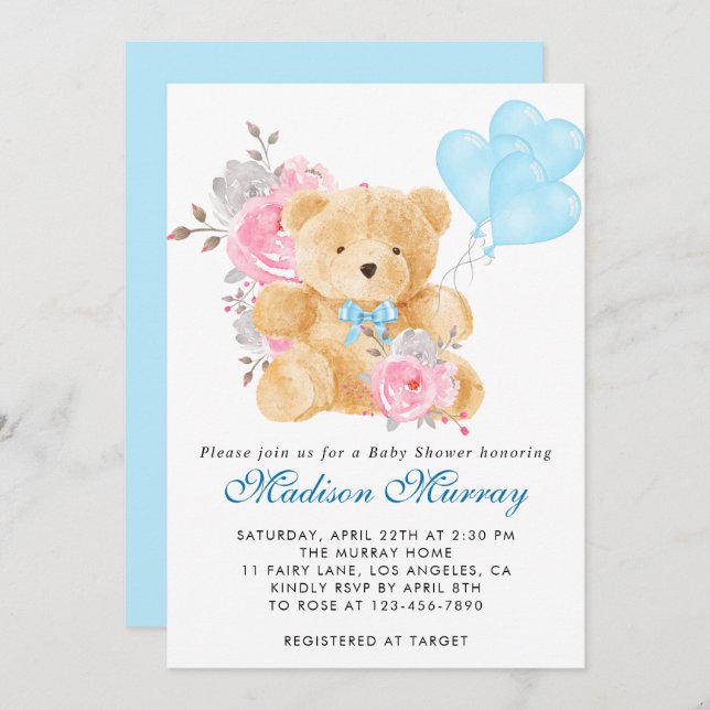 Chic Blue Pink Grey Floral Teddy Bear Baby Shower Invitation (Front/Back)