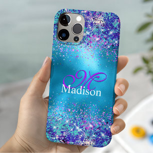 Chic Blue pink iridescent glitter monogram Case-Mate iPhone Case
