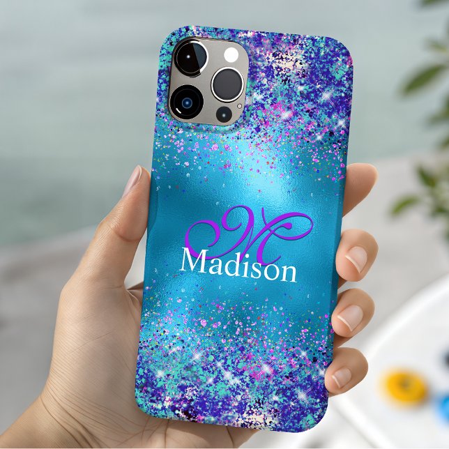 Chic Blue pink iridescent glitter monogram Case-Mate iPhone Case (Creator Uploaded)