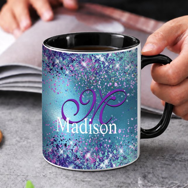Chic Blue pink iridescent glitter monogram Mug (Creator Uploaded)