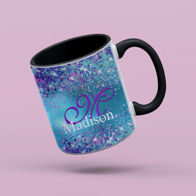 Chic Blue pink iridescent glitter monogram Mug (Creator Uploaded)