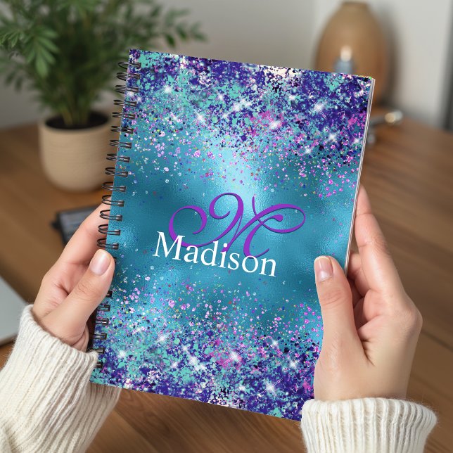 Chic Blue pink iridescent glitter monogram Planner (Creator Uploaded)