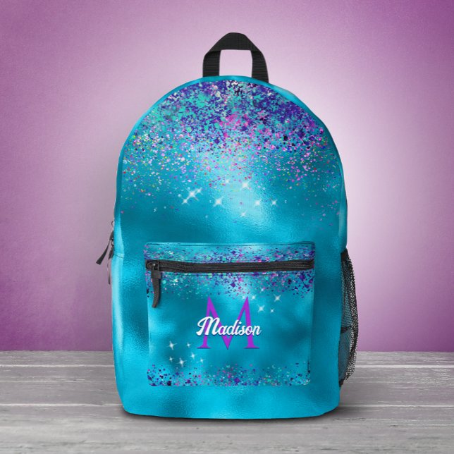 Chic Blue pink iridescent glitter monogram Printed Backpack (Creator Uploaded)