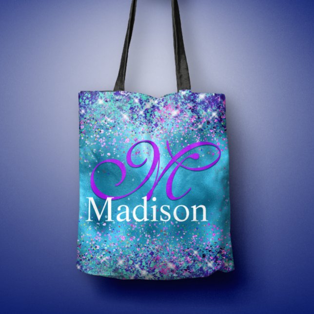 Chic Blue pink iridescent glitter monogram Tote Bag (Creator Uploaded)