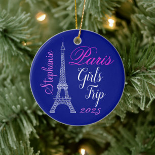 Chic Blue Pink Paris Eiffel Tower Girls Trip Ceramic Tree Decoration