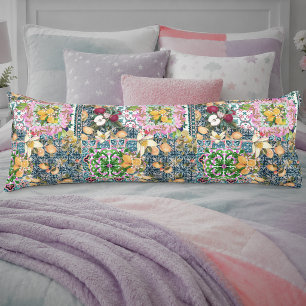 Chic Blue Pink Sicilian Citrus Floral Tiles Body Cushion