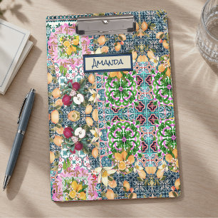 Chic Blue Pink Sicilian Citrus Floral Tiles Clipboard