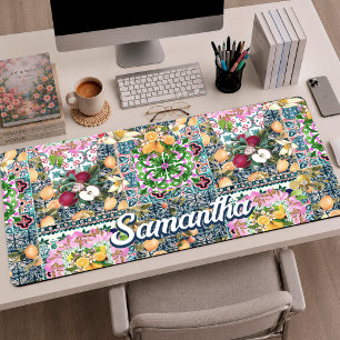 Chic blue pink sicilian citrus floral tiles desk mat