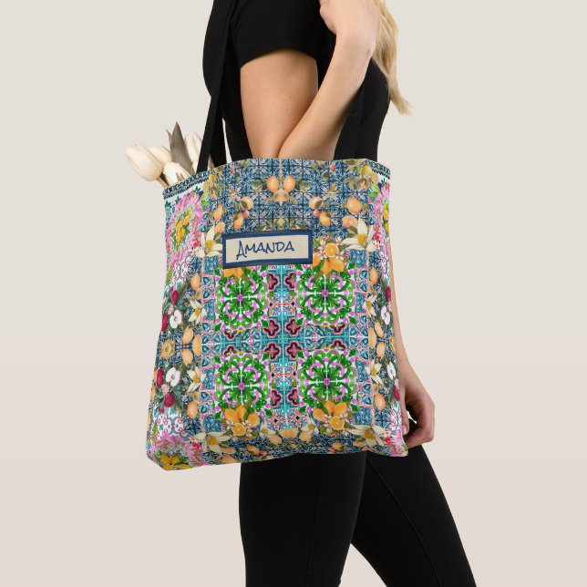 Chic blue pink sicilian citrus floral tiles  dopp tote bag (Close Up)
