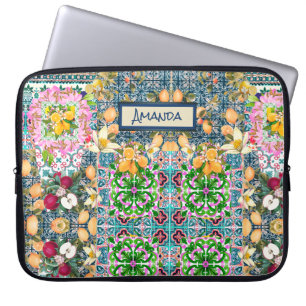 Chic Blue Pink Sicilian Citrus Floral Tiles Laptop Sleeve