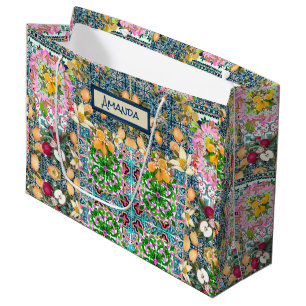 Chic blue pink sicilian citrus floral tiles large gift bag