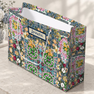 Chic blue pink sicilian citrus floral tiles large gift bag