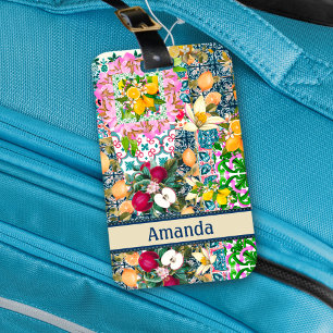 Chic blue pink sicilian citrus floral tiles luggage tag