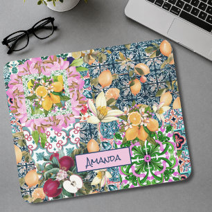 Chic blue pink sicilian citrus floral tiles mouse pad