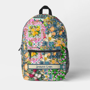 Chic blue pink sicilian citrus floral tiles printed backpack