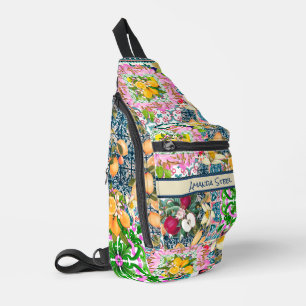Chic blue pink sicilian citrus floral tiles sling bag