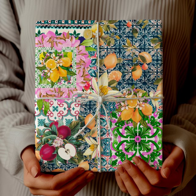Chic blue pink sicilian citrus floral tiles  wrapping paper (Creator Uploaded)