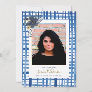 Chic Blue Plaid and Flowers Graduation Photo Announcement
