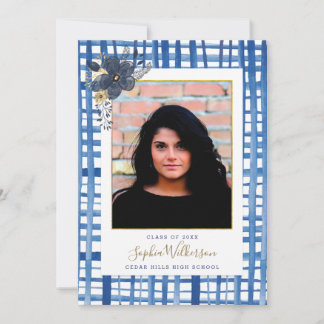 Chic Blue Plaid and Flowers Graduation Photo Announcement