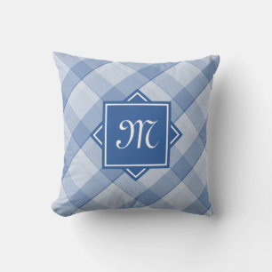 Chic Blue Plaid With Modern Diagonal Monogram Cushion