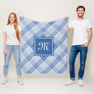 Chic Blue Plaid With Modern Diagonal Monogram Fleece Blanket