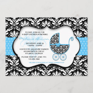 Chic Blue Polka Dot Damask Baby Shower Invite