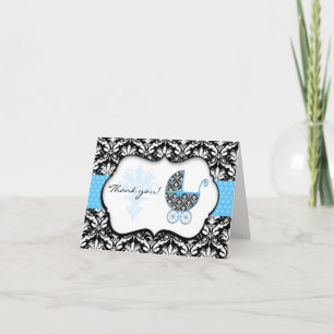Chic Blue Polka Dot Damask Baby Shower Thank You Card