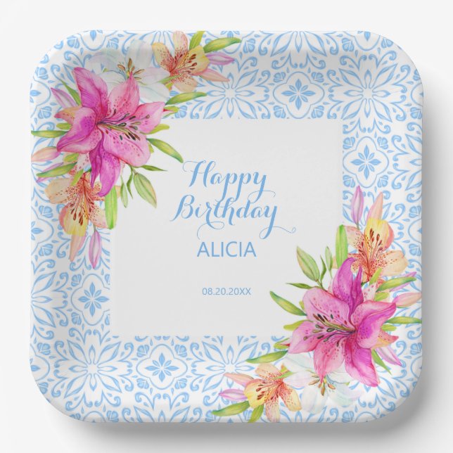 Chic Blue Portuguese Azulejo Mosaic Lily Birthday Paper Plate (Front)