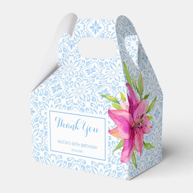 Chic Blue Portuguese Azulejo Mosaic Lily Thank You Favour Box (Front Side)