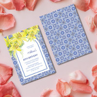 Chic Blue Portuguese Azulejo Yellow Lily Birthday
