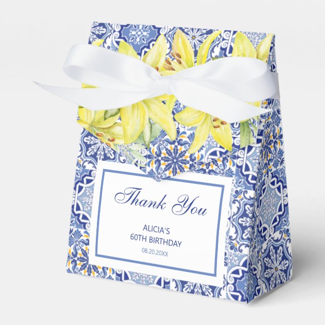 Chic Blue Portuguese Azulejo Yellow Lily Thank You Favour Box (Front Side)