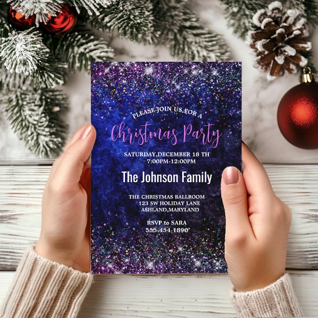Chic blue purple faux glitter Christmas  Invitation (Creator Uploaded)