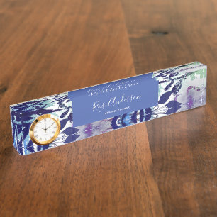 Chic Blue Purple Floral Typography Nameplate