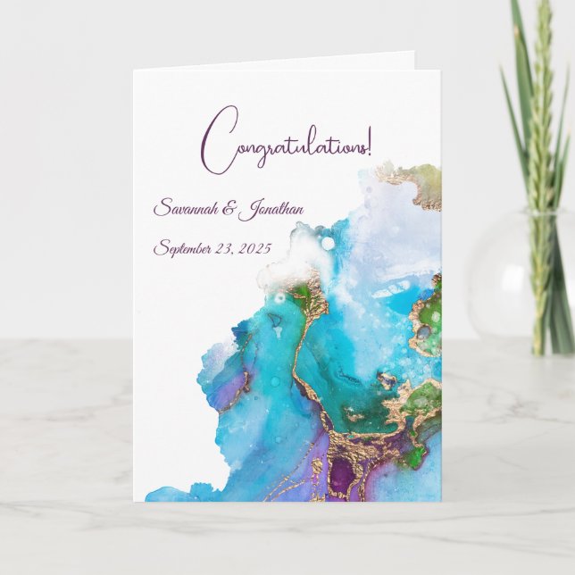 Chic Blue Purple Gold Abstract Wedding Card (Front)