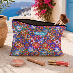 Chic Blue Purple Mexican Talavera Tiles Monogram Accessory Pouch