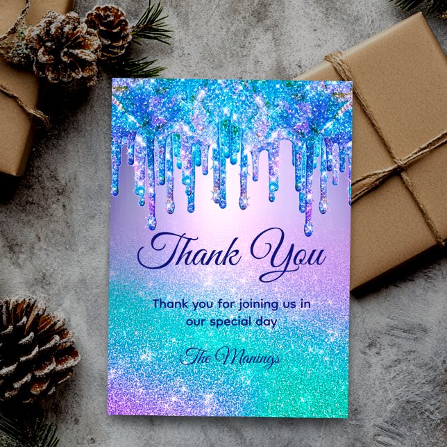 Chic blue purple ombre dripping glitter thank you card (Creator Uploaded)