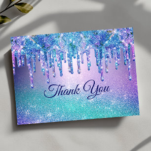 Chic blue purple ombre dripping glitter thank you card