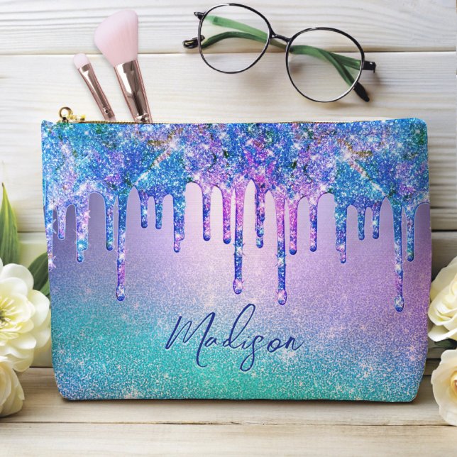 Chic blue purple ombre glitter drips accessory pouch (Creator Uploaded)