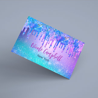 Chic blue purple ombre glitter drips business card