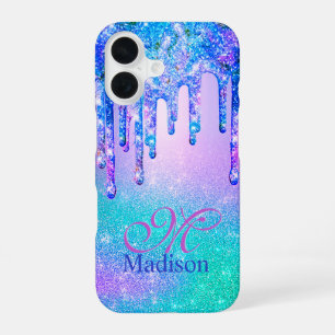 Chic blue purple ombre glitter drips monogram Case