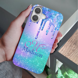 Chic blue purple ombre glitter drips monogram Case