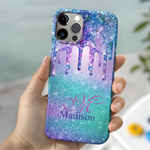 Chic blue purple ombre glitter drips monogram iPhone 16 pro case