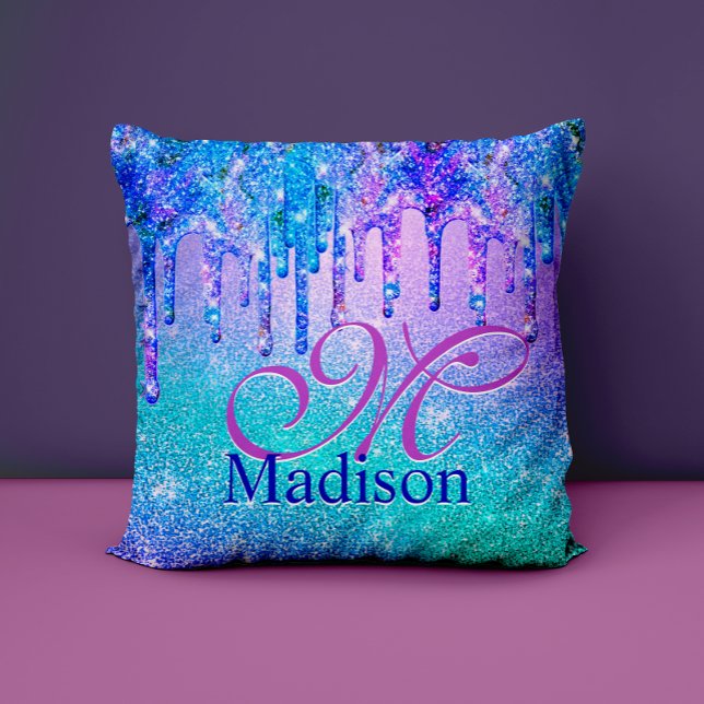 Chic blue purple ombre glitter drips monogram cushion (Creator Uploaded)
