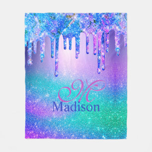 Chic blue purple ombre glitter drips monogram fleece blanket
