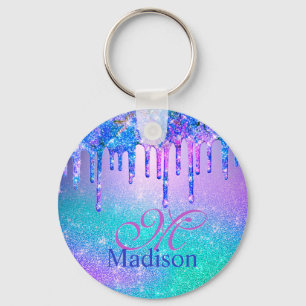 Chic blue purple ombre glitter drips monogram key ring